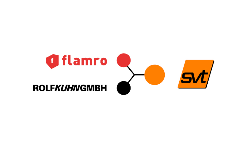 The logos of Flamro, svt and Rolf Kuhn GmbH are connected by three circles.