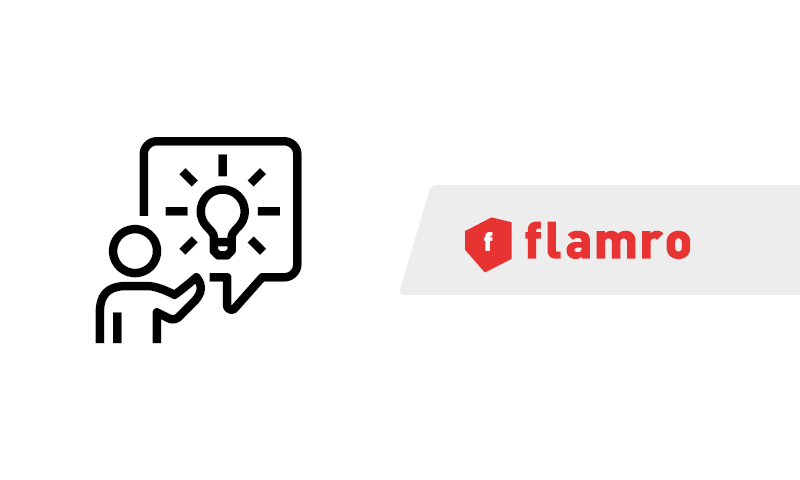 Icon of a person with a speech bubble and a light bulb as well as the Flamro logo.