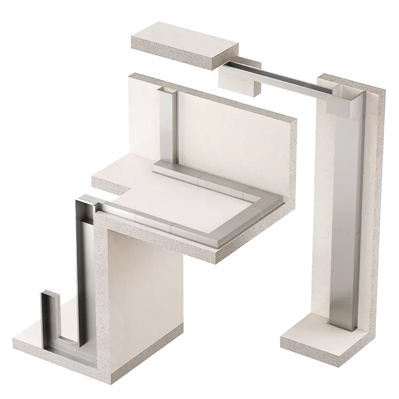 Das Fertigkanalsystem BSK Kanal aus Stahlblech ist als 3D-Modell in eine Wand implementiert.