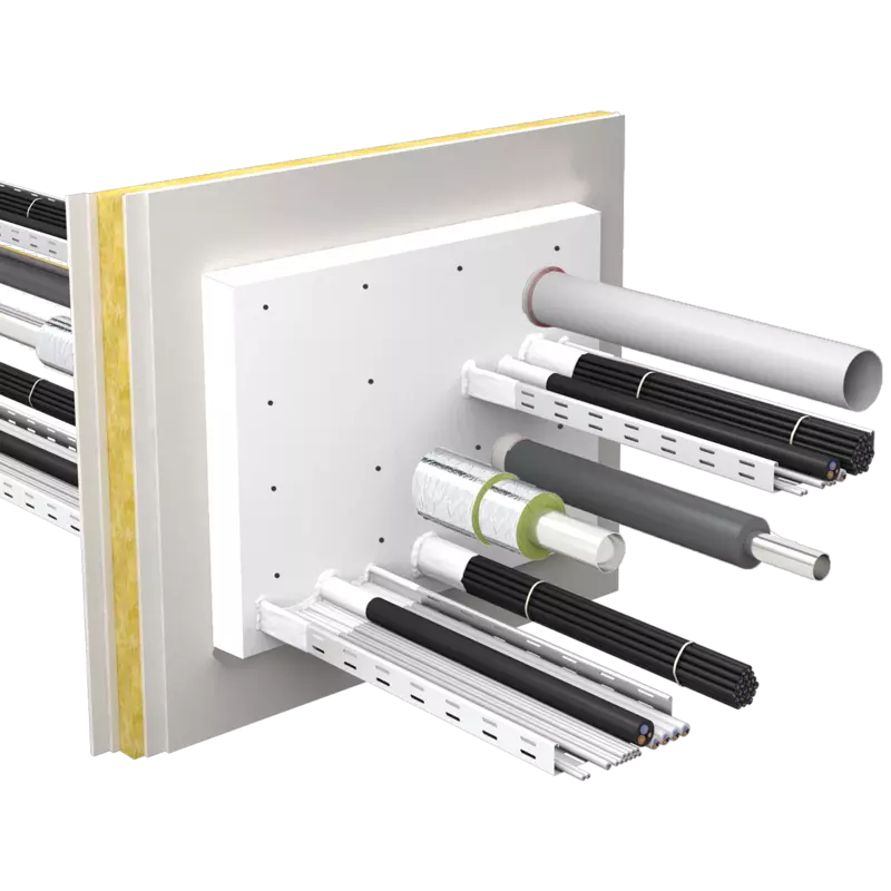 Kombiabschottung aus Mineralfaserplatten zum einseitigen Einbau für mit verschiedenen Leitungen belegten Durchführungen.