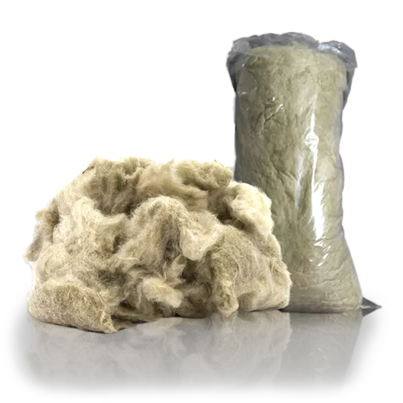 A bag and a detailed view of Flamro loose fire resistant mineral wool.