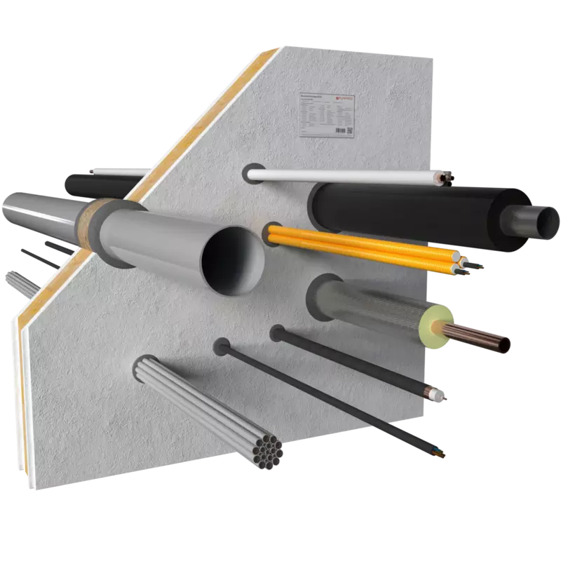 System DG-SC cable firestop seal installed around cable penetrations in an example section of wall with fire protection filler.