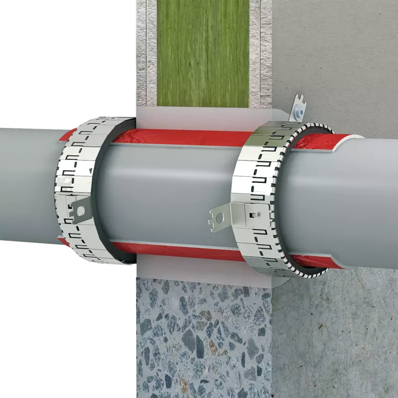 The collar of the EC Endless Collar system installed to seal a pipe in a wall cross-section.