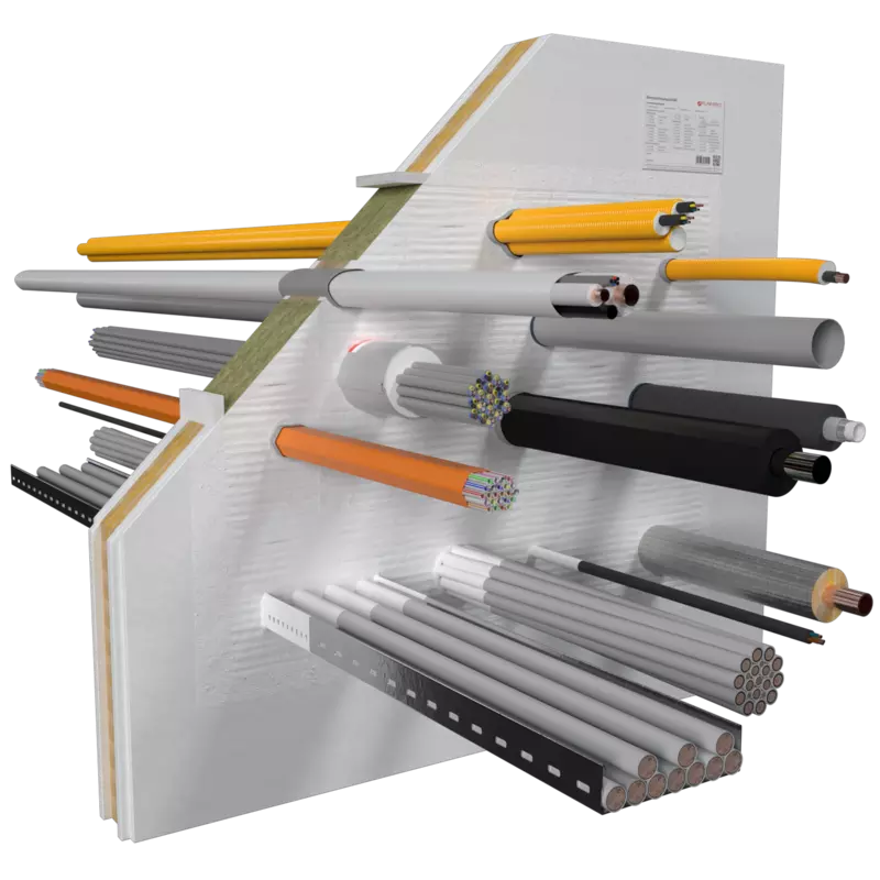 System Flammotect 2 x 50 mm mixed penetration sealing system seals cable and pipe penetrations in a wall segment.