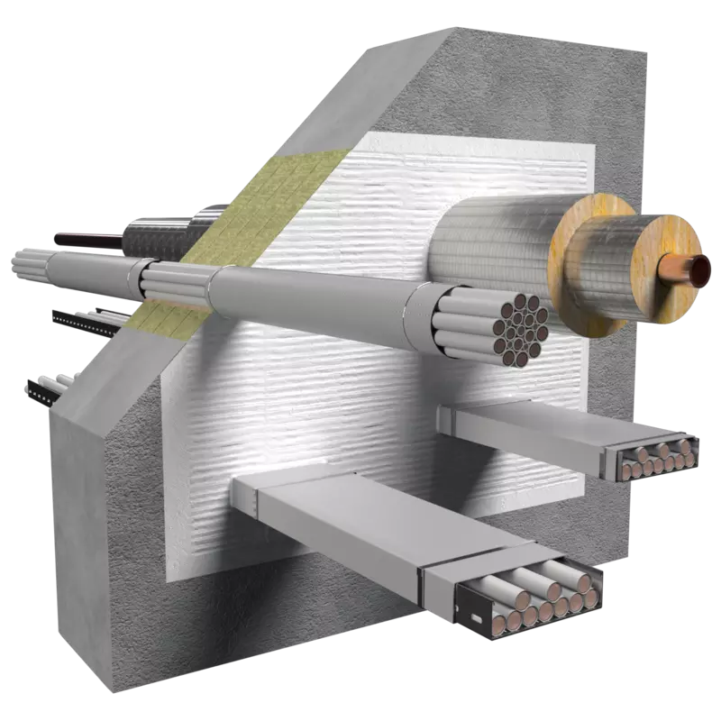 System Flammotect 4 x 60 mm mixed penetration sealing system installed for the fire sealing of various cable and pipe penetrations.