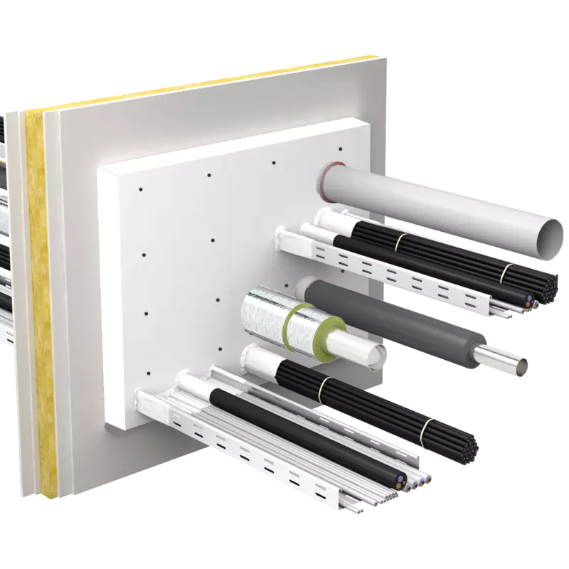 System Flammotect OSI installed around cables and pipes in a wall opening.