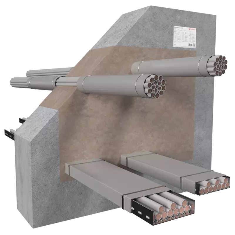 The System Novasit BM 240 firestop mortar sealing system seals various cable penetrations in a wall.